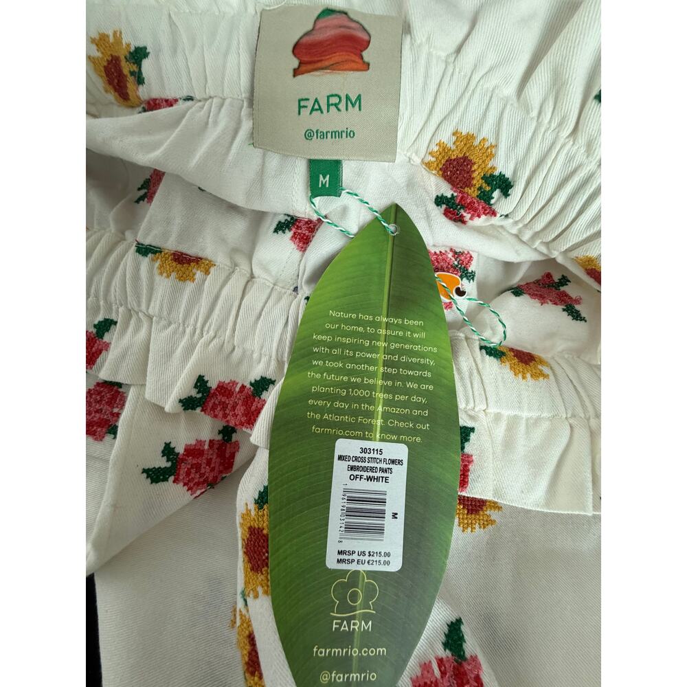 Farm Rio NEW Cross Stitch Flowers Embroidered Pants Off-White, M/L - Picture 13 of 13